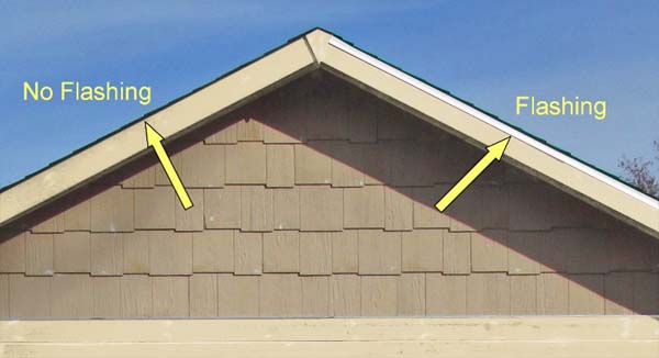 Picture shows home with drip edge flashing vs without drip edge flashing.