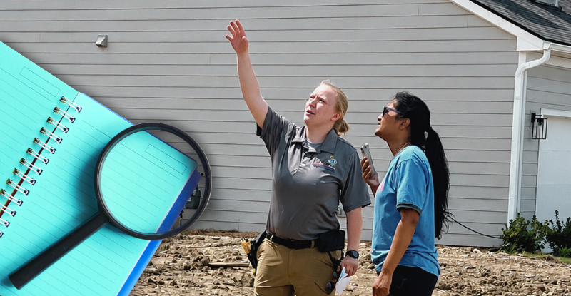 Image shows a home inspector pointing out findings on a home to a client with a notebook and magnifying glass in the corner of the picture.